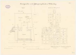 Amtsgericht und Gefängnis, Woldenberg: Lageplan 1:200. Grundriss Keller 1:100