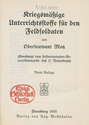 Kriegsmäßige Unterrichtsstoffe für den Feldsoldaten