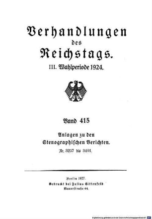 Verhandlungen des Reichstages. Stenographische Berichte. 415. 1924