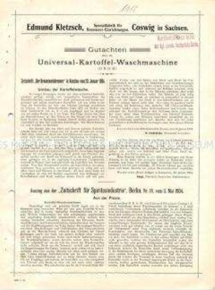 Gutachten über die Universal-Kartoffel-Waschmaschine