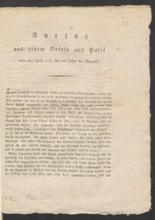 Auszug aus einem Briefe aus Paris vom 5ten April 1793, im 2ten Jahre der Republik