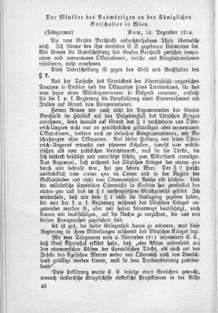 Telegramm: Der Minister des Auswärtigen an den Königlichen Botschafter in Wien.