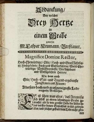 Abdankung/ Bey welcher Drey Hertze in einem Grabe gewiesen