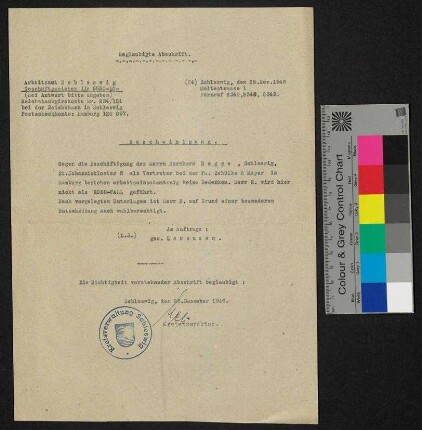 Bescheinigung - Dokumente unmittelbar nach dem 2. Weltkrieg, u.a. Entnazifizierungsverfahren