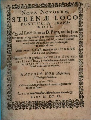 Nova novorum strenae loco pontificiis transmissa