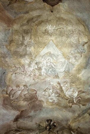 Der Heilige streckt der Madonna, Gottvater und dem Heiligen Geist sein brennendes Herz entgegen