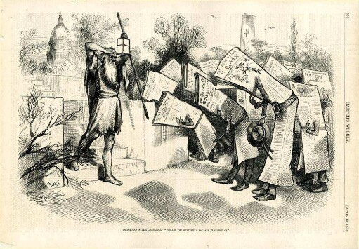 Diogenes still looking. - "We are the gentlemen you are in search of." : Zeitungsverleger, die als Zeitungen dargestellt werden, verbeugen sich vor Diogenes, der mit einer Laterne in der Hand durch Washington geht