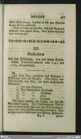 XII. Nachrichten von den Feldzügen, den das jetzige Czetteritzsche Husarenregiment von 1740. bis 1763. beygewohnt