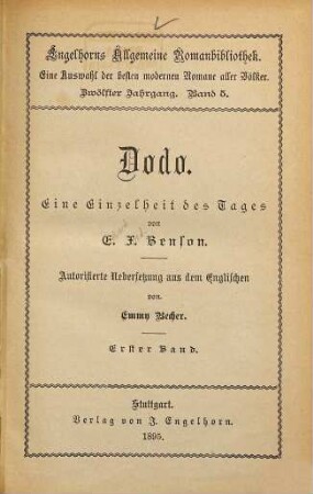 Dodo : eine Einzelheit des Tages, Erster Band
