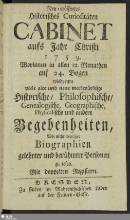1759: Neu-eröffnete historische Correspondenz von alten und neuen Curiosis Saxonicis