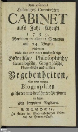 1759: Neu-eröffnete historische Correspondenz von alten und neuen Curiosis Saxonicis