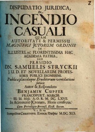 Disputatio Iuridica, De Incendio Casuali
