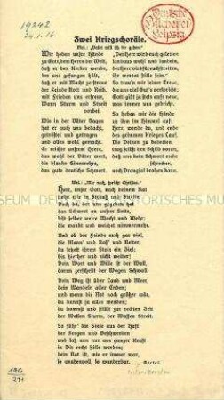 Flugblatt mit zwei Kriegschorälen (Gebete für den Sieg)