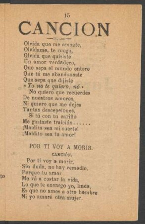 Por tí voy a morir. : Canción.