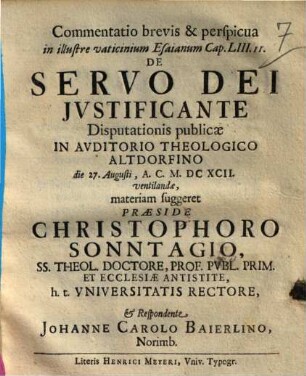 Commentatio brevis & perspicua in illustre vaticinium Esaianum Cap. LIII.ii. de servo Dei justificante [iustificante]