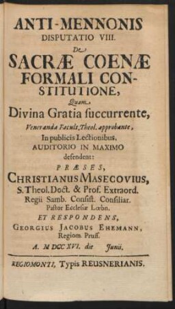 Anti-Mennonis Disputatio VIII. De Sacræ Coenæ Formali Constitutione, ...