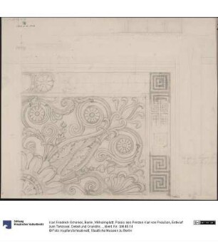 Berlin, Wilhelmplatz. Palais des Prinzen Karl von Preußen, Entwurf zum Tanzsaal. Detail und Grundriss der Musiktribüne