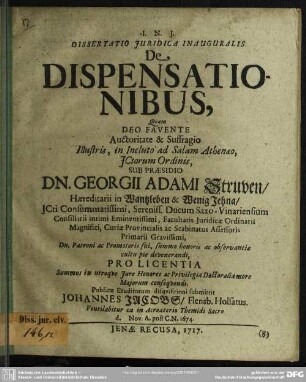 Dissertatio Iuridica Inauguralis De Dispensationibus, Quam ...