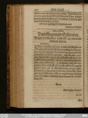 Ein ander Dancksagung-Schreiben Wegen verschaffter Addresse an einen vornehmen Herrn.