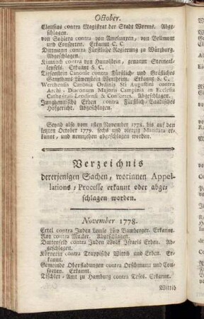 Verzeichnis dererjenigen Sachen, worinnen Appelations-Processe erkannt oder abgeschlagen worden.