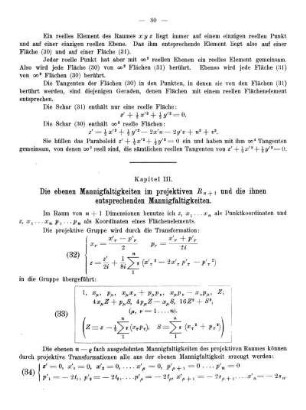 Kapitel III. - Die ebenen Mannigfaltigkeiten im projektiven Rn + 1 und die ihnen entsprechenden Mannigfaltigkeiten.