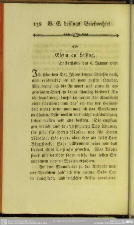49. Gleim an Lessing. Halberstadt, den 6. Januar 1767