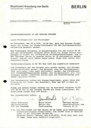 Protokolle, Flugblätter, Schriftwechsel:               "Initiative Verkehrsberuhigung Sorauer Straße"