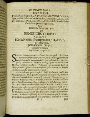 Disputationem XVI. De Beneficiis Christi
