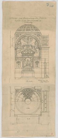 Thiersch, August ; München - Schwabing; Kath. Pfarrkirche St. Ursula - Ausmalung der Marienkapelle (Grundriss, Ansicht)