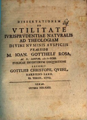 Diss. de utilitate iurisprudentiae naturalis ad theologiam