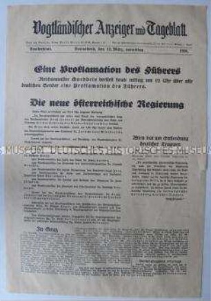 Sonderausgabe der regionalen Tageszeitung "Vogtländischer Anzeiger" zum "Anschluss" Österreichs