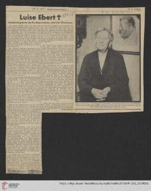 Korrespondenz Louise Ebert/Gustav Radbruch: Luise Ebert + [Beileidstelegramme des Bundespräsidenten und Erich Ollenhauers]
