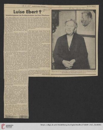 Korrespondenz Louise Ebert/Gustav Radbruch: Luise Ebert + [Beileidstelegramme des Bundespräsidenten und Erich Ollenhauers]