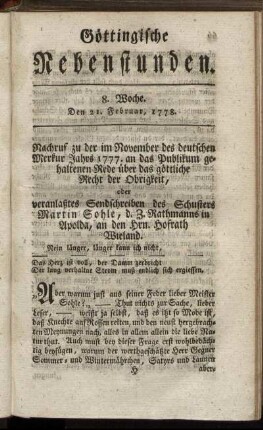 8. Woche. Den 21. Februar, 1778