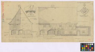 Schwerta, Schwertburg ([Landkreis Lauban]): Kopischstraße 4 (1821). - Umgebindehaus (Giebel-Ansicht, Seiten-Ansicht). - Haustür-Schlussstein (Ansicht). - Haustür-Knauf (Aufsicht, Ansicht)