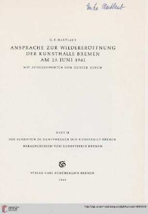 Ansprache zur Wiedereröffnung der Kunsthalle Bremen am 23. Juni 1961