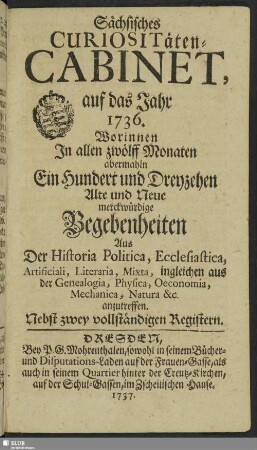 1736: Alte und neue Curiosa Saxonica