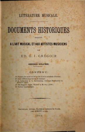 Documents historiques relatives à l'art musical et aux artistes-musiciens : Eittérature musicale, II