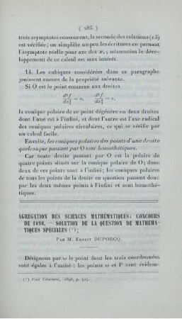 Agrégation des sciences mathématiques; concours de 1898 - solution de la question de mathématiques spéciales.