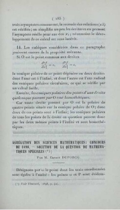 Agrégation des sciences mathématiques; concours de 1898 - solution de la question de mathématiques spéciales.