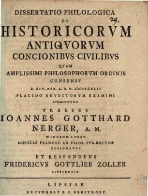 Dissertatio Philologica De Historicorvm Antiqvorvm Concionibvs Civilibvs