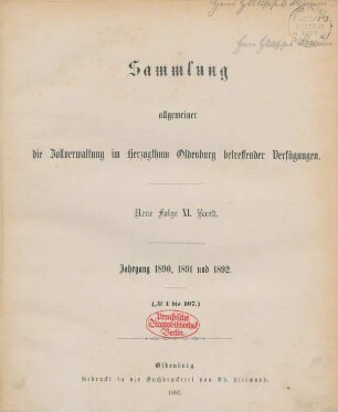 11.1890/92: Sammlung allgemeiner die Zollverwaltung im Herzogthum Oldenburg betreffender Verfügungen
