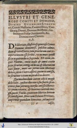 Illustri et Generoso Comiti et Domino, Dn. Guilhelmo-Ludovico…