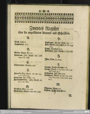 Zweytes Register über die angeführten Autores und Schrifften