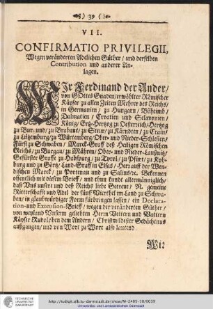 VII. Confirmatio Privilegij, Wegen veränderten Adelichen Güther / ...