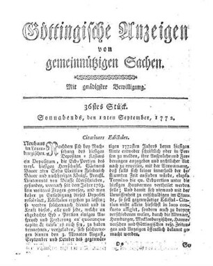 36stes Stück. Sonnabends, den 12ten September, 1772.