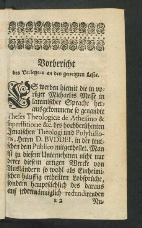 Vorbericht des Verlegers an den geneigten Leser
