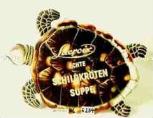 Werbeschild in Form einer Schildkröte mit Aufdruck "Lacroix ECHTE SCHILDKRÖTEN SUPPE"
