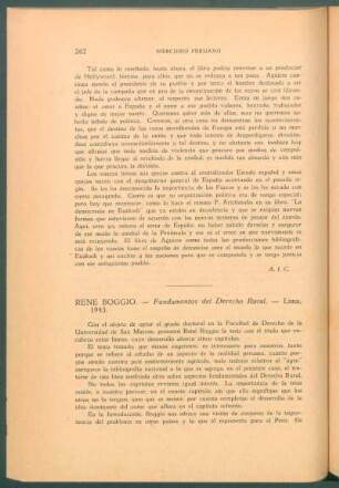 Rene Boggio: "Fundamentos del Derecho Rural", Lima 1943