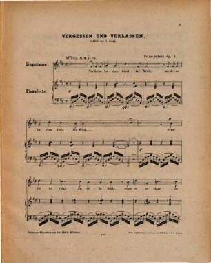Vergessen und verlassen : Lied ; Ged. von Hermann Lingg ; für 1 Singstimme mit Begl. d. Pianoforte ; op. 4